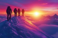 Silhouettes of mountaineers walking on snowy summit ridge at dramatic purple sunset with sun and clouds below, extreme adventure climbing concept.