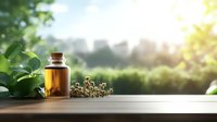 Amber glass bottle with essential oil and dried herbs on wooden surface against blurred natural background with sunlight and green foliage. Aromatherapy concept.