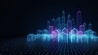 Futuristic digital city skyline with glowing neon outlines on dark background. Modern urban architecture visualization for technology and smart city concepts.