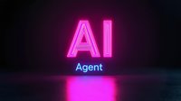 Glowing neon AI Agent text in pink and blue colors with reflection on dark background, modern futuristic technology concept for artificial intelligence design.