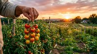 Farmer harvesting ripe tomatoes at sunset in agricultural field, hand picking fresh produce from vine for farming, gardening, and food production concepts.