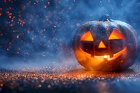 Glowing carved pumpkin with classic jack-o-lantern face on magical blue background with orange sparkles and bokeh lights creating spooky Halloween atmosphere.
