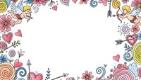 Colorful doodle frame with hearts, flowers, swirls and decorative elements on white background. Hand drawn border design for greeting cards and romantic projects.