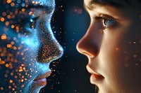 Mystical face-to-face encounter showing young caucasian woman and glowing ethereal profile with sparkles and particles against dark background, dramatic lighting.