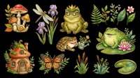 Enchanted forest collection featuring whimsical toad characters, magical mushroom house, blooming flowers, delicate butterflies, and lily pad elements isolated on transparent background. Ready for t-shirt designs, stickers, clipart, sublimation, and print-on-demand projects.