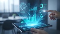 Business analytics holographic display emerging from tablet with financial charts, graphs and data visualization for corporate presentations and reports.