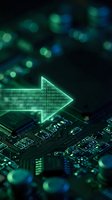 Digital arrow with binary code hovering over circuit board representing data transfer, technology advancement and electronic innovation concepts.