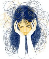 Asian woman with closed eyes and hands on temples surrounded by chaotic lines representing anxiety, stress, and mental health challenges. Line art in navy and gold.