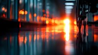 Dramatic orange bokeh lights reflecting on wet surface at night with silhouette and reflections creating moody atmospheric urban scene for background design.