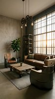 Industrial loft living room with leather furniture, exposed concrete walls, large windows and vintage pendant lighting for modern interior design.