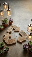Wooden recycling symbol surrounded by succulents and vintage bulbs on concrete floor representing sustainable living and environmental responsibility.
