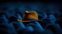 Brown fedora hat standing out among blue hats in dramatic lighting, representing uniqueness, leadership and individuality concept in business setting.