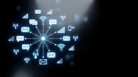 Digital communication network with glowing icons showing email, wifi, chat and signal bars connected in web pattern on dark technology background.