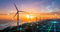 Wind turbines at sunset with digital technology overlay showing renewable energy data visualization and smart grid connections for sustainable power generation.
