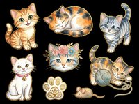 Cute kittens and cat accessories isolated on transparent background. Ready for t-shirt design, clipart, stickers, sublimation, print-on-demand products and digital crafts.