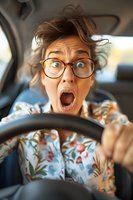 Young woman with shocked expression and messy hair wearing glasses grips steering wheel while driving, showing panic and surprise in floral print blouse.