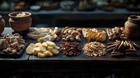 Traditional herbal medicine ingredients displayed on rustic wooden table with clay pots, dried roots, sliced herbs and natural healing elements in moody lighting.