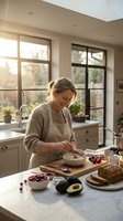Middle-aged Caucasian woman preparing healthy breakfast in modern kitchen with natural sunlight streaming through windows for morning routine concept.