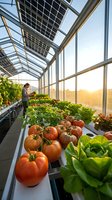 Farmer tending fresh vegetables in modern greenhouse with solar panels, sustainable agriculture and organic farming technology for food production.