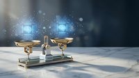 Golden brass balance scale with glowing digital technology icons floating above, representing justice, law, and modern legal technology integration.