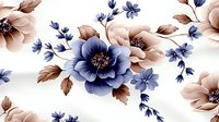 Elegant floral seamless pattern with navy blue and beige flowers on white background. Romantic botanical repeat design for fabric, wallpaper and textile projects.