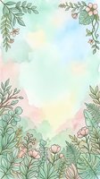 Soft watercolor floral border with pastel green and pink tones, tropical leaves, and delicate flowers framing a blank center for text or design.