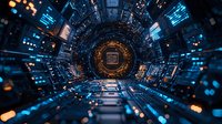 Futuristic digital tunnel with glowing blue and orange lights creating depth perspective, technology concept for cybersecurity and data transfer.