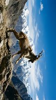 Wild ibex goat climbing steep rocky cliff face in snow-capped mountain landscape under bright blue sky with white clouds for outdoor adventure concepts.