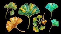 Watercolor ginkgo leaves set with golden accents, isolated on transparent background. Great for stickers, t-shirt design, print on demand, clipart, and sublimation projects.