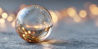 Crystal glass sphere with golden reflections on textured surface with warm bokeh lights creating magical atmosphere for meditation and mindfulness concepts.
