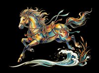 Colorful ornate horse leaping over waves, richly decorated with flowing mane and saddle, isolated on transparent background, for stickers, T-shirts, print on demand.