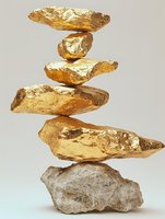 Gold nuggets balanced in zen-like stack on rough stone, showing contrast between raw precious metal and natural rock formation against neutral background.