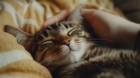 Peaceful sleeping tabby cat with closed eyes resting on soft beige blanket in warm sunlight, expressing contentment and relaxation in cozy home environment.