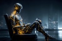 Futuristic android figure with glowing golden network patterns reclining in modern chair against dark cityscape background, illuminated geometric design.