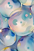Abstract fluid art background with ethereal pastel circles and organic shapes in soft blue, pink, and yellow tones, perfect for modern interior design or luxury branding projects.