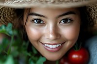 Young Asian woman wearing straw hat smiling at camera with fresh vegetables and tomatoes in garden, close up portrait showing genuine happiness and healthy lifestyle.
