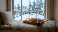 Cozy winter window seat with candles, fur blanket, and knit throw, snowy trees outside, warm hygge home interior in cold season.