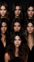 Young women with dark hair and natural makeup in black outfits on dark background. Professional beauty and fashion portrait collage showing different angles and expressions.