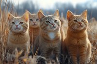 Four curious ginger and gray cats sitting attentively in tall autumn grass during golden hour, looking up with alert expressions and pointed ears against blurred nature background.