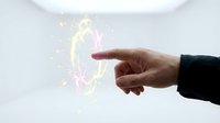 Business hand touching glowing digital network connections with light effects on white background for technology presentations.