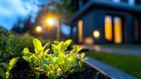 Young green plants growing in garden bed with modern house and glowing outdoor lights in evening, landscaping and home exterior design at dusk.