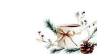 White ceramic cup with brown bow, pine branches, berries and pinecone in watercolor style on white background, winter holiday composition.