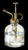 Watercolor vintage glass plant mister with brass pump, isolated on transparent background, ready for T-shirts, stickers, clipart, sublimation, and print on demand projects.