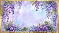 Watercolor wisteria flowers frame with purple blooms and green leaves on soft gradient background for spring wedding invitations and romantic designs.