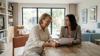 Mature woman and middle-aged woman reviewing documents together at wooden table in bright living room with bookshelves and large windows, suitable for business, finance, and family planning concepts.