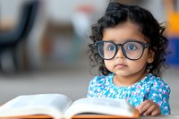 Young South Asian toddler girl with curly hair and large glasses reading an open book. Early childhood education concept for preschool learning and literacy development.