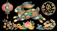 Festive Asian rabbit with gold accents, lantern, coins, and floral elements isolated on transparent background. Ready for t-shirt design, clipart, stickers, sublimation, and print-on-demand projects.