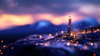Glowing lighthouse silhouette against purple sunset sky with magical sparkles and bokeh lights creating dreamy coastal atmosphere at dusk.
