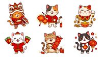 Cartoon lucky cats holding lanterns and gold coins, isolated on white background, ready for design use on merchandise, textiles, and promotional materials.