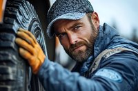 Bearded Caucasian male auto mechanic in blue workwear and cap examining large vehicle tire tread pattern while wearing protective gloves. Professional automotive service concept.